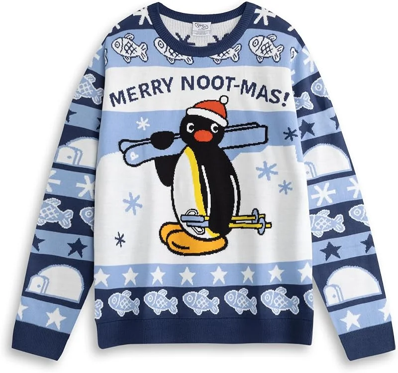 Marke: Pingu Pingu Fröhliche Weihnachten! Unisex-Weihnachtspullover in Blau, Langärmlig mit Rundhalsausschnitt und festlichem Cartoon-Print, Festliche Kleidung für Weihnachten, Lustige Strickwaren mit Motiven — Weihnachtsmode