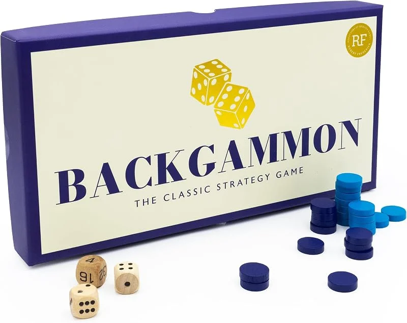 Marke: Robert Frederick Backgammon, Klassisches Strategie-Brettspiel in Premium-Geschenkbox, Zeitloses Familien- & Reisespiel, Marineblau und Creme — Geschenkverpackung