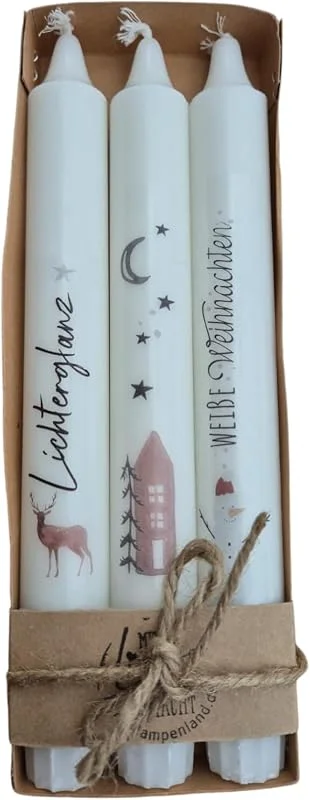 Besuche den Kilala-Store Weihnachtskerzen Set 3er – Stabkerzen mit Sprüchen & Wintermotiven – „Lichterglanz“ – Geschenkidee – 6h Brenndauer – 17, 5cm — Kerzenlicht Abendessen