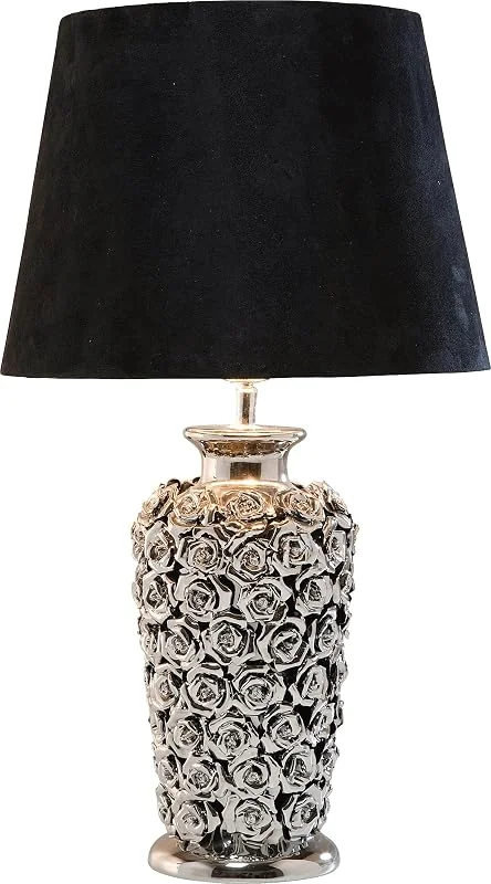 Kare Design Tischleuchte Rose, Silber, Schwarz, 59x34x34 cm, Schreibtischlampe, Nachttischlampe, Tischlampe, Blumen Muster, Keramik Fuß, Leuchtmittel nicht inklusive, Wohnzimmer — Kerzenlicht Abendessen