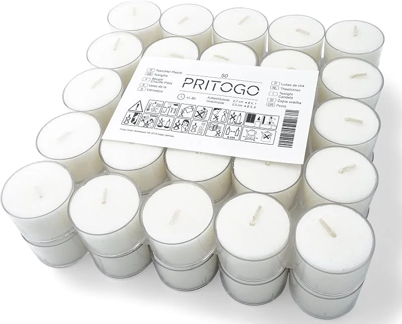 Marke: Pritogo Teelichter, 50 Stück, Weiß, Brenndauer: 8 Stunden, 20 g Wachsgewicht, 25 x 38 mm, Kunststoffhülle, Gastro, Hochzeit, Dekorieren, Feiern, Entspannen, Outdoor, Party — Kerzenlicht Abendessen