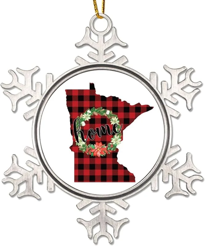 Marke: CowkissSign Weihnachtskranz Minnesota States Neuheit Metall Schneeflocke Weihnachten Ornament Home State Rot und Schwarz Plaid Weihnachtsschmuck für Kinder Patriotische USA Staat Weihnachtsdekoration