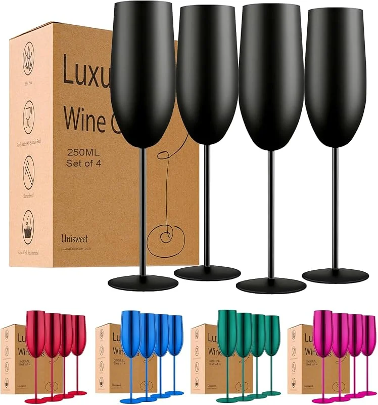 Marke: UNISWEET UNISWEET Edelstahl-Champagnerflöten-Set, Hochzeits- und Geburtstagsgeschenke, 240 ml, unzerbrechliches Champagnerglas mit langem Stiel, wiederverwendbar, für drinnen und draußen, mattes Schwarz, 4 — Wein und Festtafel
