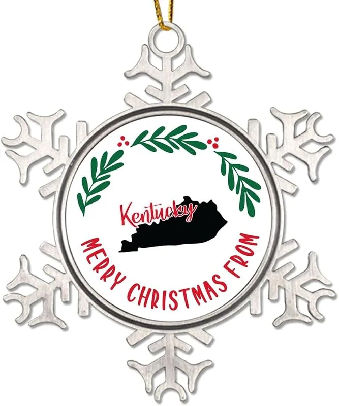 Marke: CowkissSign Merry Christmas From Kentucky Christmas Tree Ornaments Kentucky Weihnachtskranz Lustige Weihnachtsdekoration USA Kentucky State Weihnachtsstrumpf Füllung Metall Schneeflocke Ornament