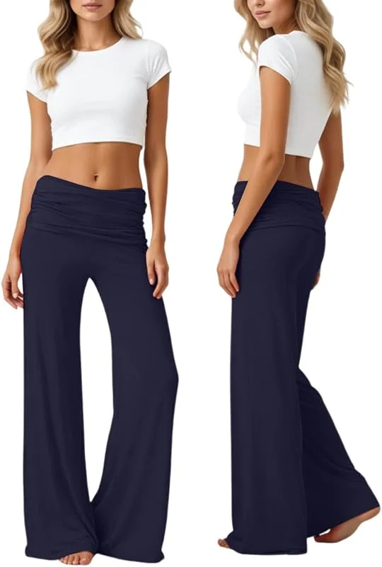 Marke: Generisch Coral Fold Over Yoga Pants Damen, Weite Lounge Hose Mit Raffung, Loose Fit Uni Corals Pants Coral Fold-Over-Yogahose, Korallfarbene Faltenhose, Weite Palazzo Hose Mit Hohem Umschlagbund, Xs-XXL — Weihnachtsmode