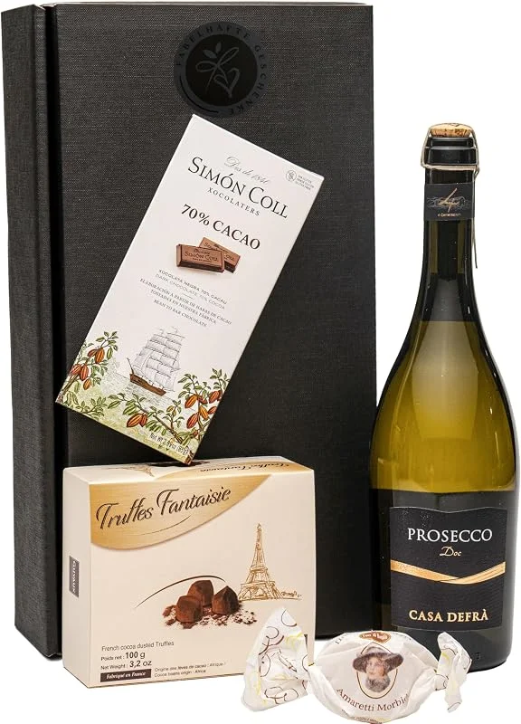 Besuche den FABELHAFTE GESCHENKE-Store Geschenkset Präsent Prosecco DOC mit Schokoladentrüffeln und dunkler Schokolade — Wein und Festtafel