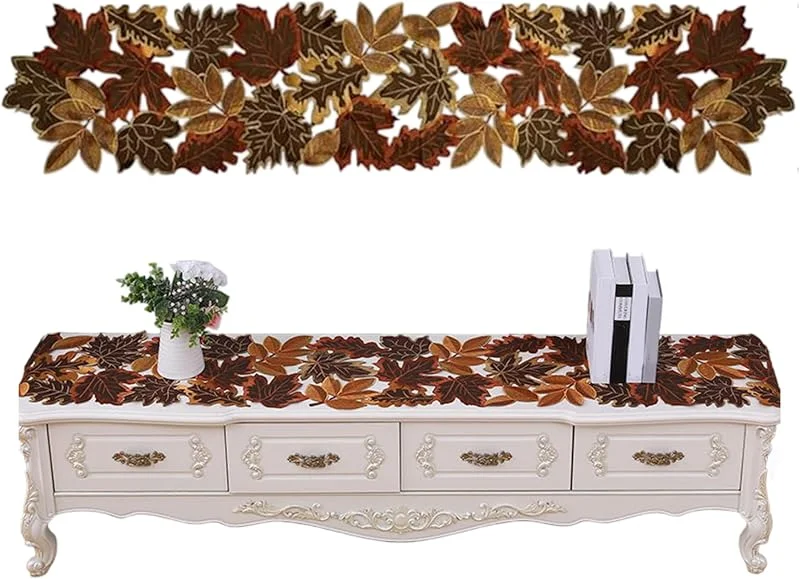 Marke: Hilai Weihnachtsdekorationen, Herbst-Tischläufer, ausgehöhlte, bestickte Ahornblätter, Herbst-Tischläufer für Thanksgiving, Weihnachten, Erntedekoration, 34, 9 x 172, 9 cm — Küche & Haushalt