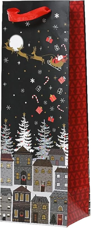 Marke: Kaemingk Geschenktüte Flasche Weihnachten 12x10x36cm mit Henkel 1 Stück - wiederverwendbare Geschenktaschen für Geschenke mit Weihnachtsmotiv - Weihnachtstaschen Weihnachtstüten - Rot, Schwarz — Geschenkverpackung
