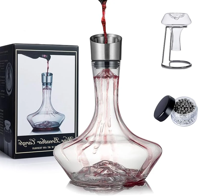 Besuche den NEW PACIFIC YOUYAH-Store Eisberg Weinkaraffe Set, Weinbelüfter karaffe mit Belüftungsfilter, Trockenständer und Reinigungsperlen, Dekanter Rotwein, Weindekanter, 100% Handgeblasenes Bleifreies Kristallgläser(1400ml) — Wein und Festtafel