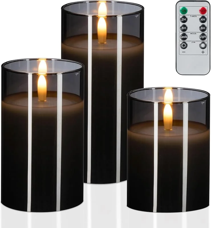 Besuche den Relaxdays-Store Relaxdays LED Kerzen im Glas, 3er Set, Fernbedienung, Timer & flackernde Flamme, Echtwachs, flammenlos, Farbwahl — Kerzenlicht Abendessen