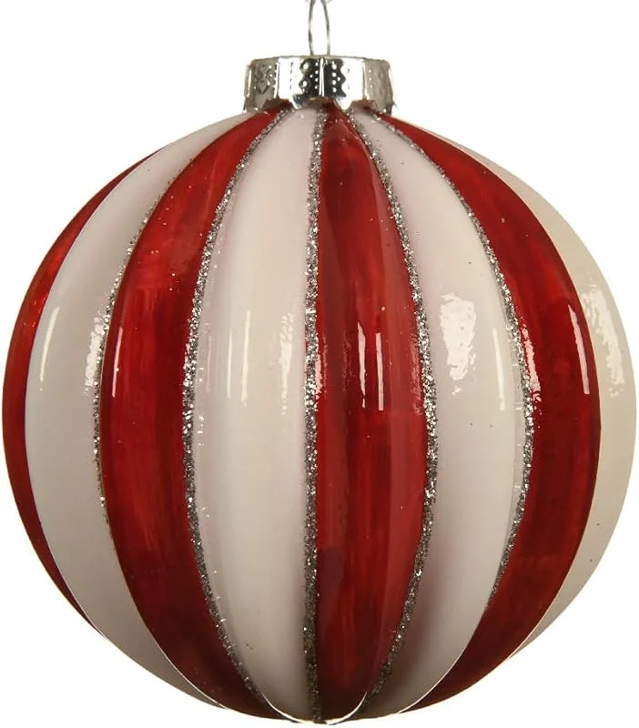 Marke: Selezione cartoleria Varzi dal 1956 Weihnachtskugeln Glas 8cm x 3 Stück mit Muster Glitzer Streifen geriffelt rot weiß — Weihnachtsdeko