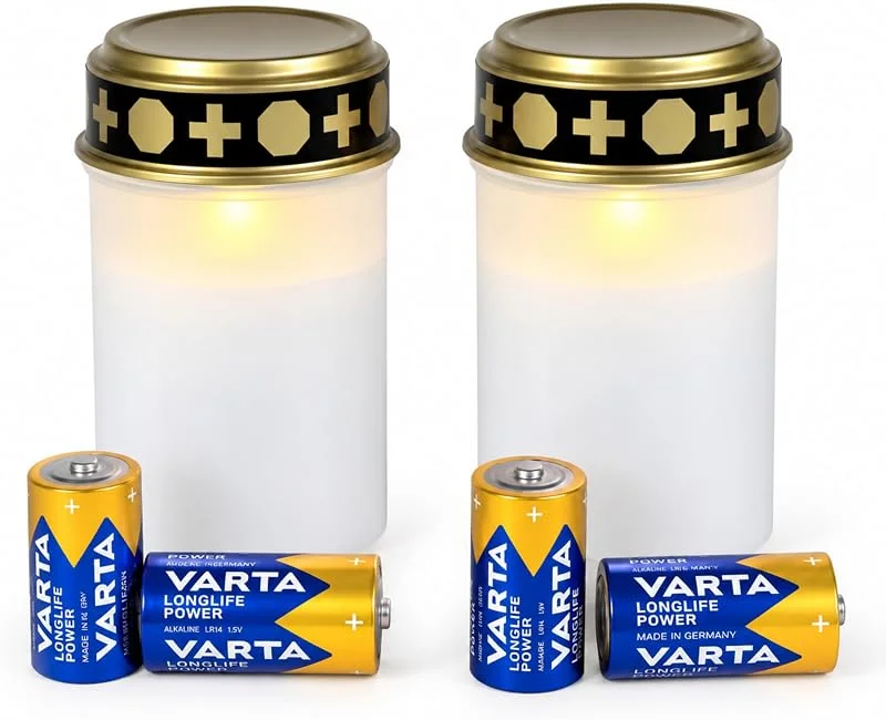 Besuche den Fachhandel Plus-Store LED Grablicht weiß 2er Set, 4 Varta C Longlife Batterien — Kerzenlicht Abendessen