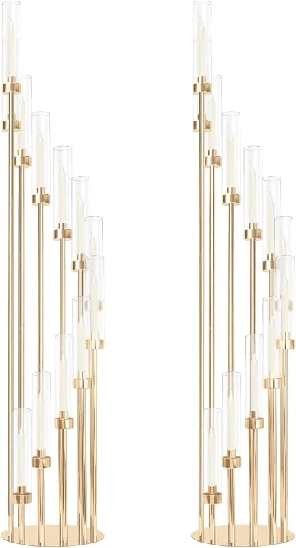 Marke: FXKS Kerzenhalter mit 12 Armen, goldfarben, mit klaren Glasschirmen, großes Kerzenarrangement, perfekt für Hochzeitsfeiern, Bankette, gehobene Anlässe, Geburtstagsfeiern, 2 Stück — Kerzenlicht Abendessen