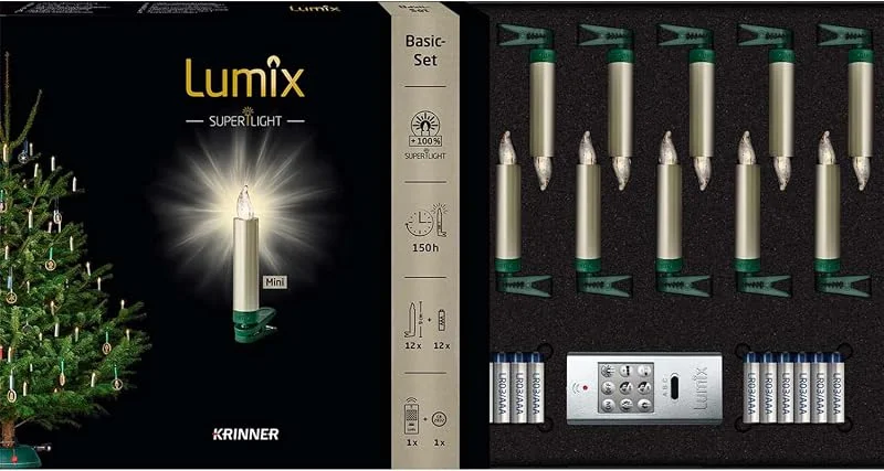 Besuche den Lumix-Store Lumix® Kabellose LED Christbaumkerzen Superlight Mini Metallic Basis-Set mit 12 Kerzen und IR-Fernbedienung, Cashmere, Art. 75545 — Weihnachtsbeleuchtung
