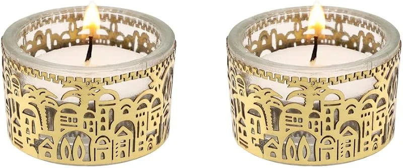 Marke: EMANUEL Yair Emanuel Teelichthalter für Shabbat, Shabbos Kerzenständer, Glas mit Metalldekor (Jerusalem Gold CSX-4) — Kerzenlicht Abendessen
