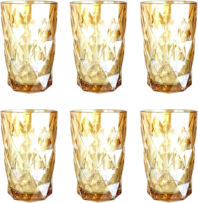 Besuche den GMMH-Store Vintage 6er-Set Farbige Weingläser und Trinkgläser mit Diamant Muster (Rombus) Longdrinkgläser, Cocktail Gläser mit Prägung, Glas, Trinkglas, Weinglas, Wasserglas, Glaskelche (Gold-Glanz Trinkglas) — Wein und Festtafel