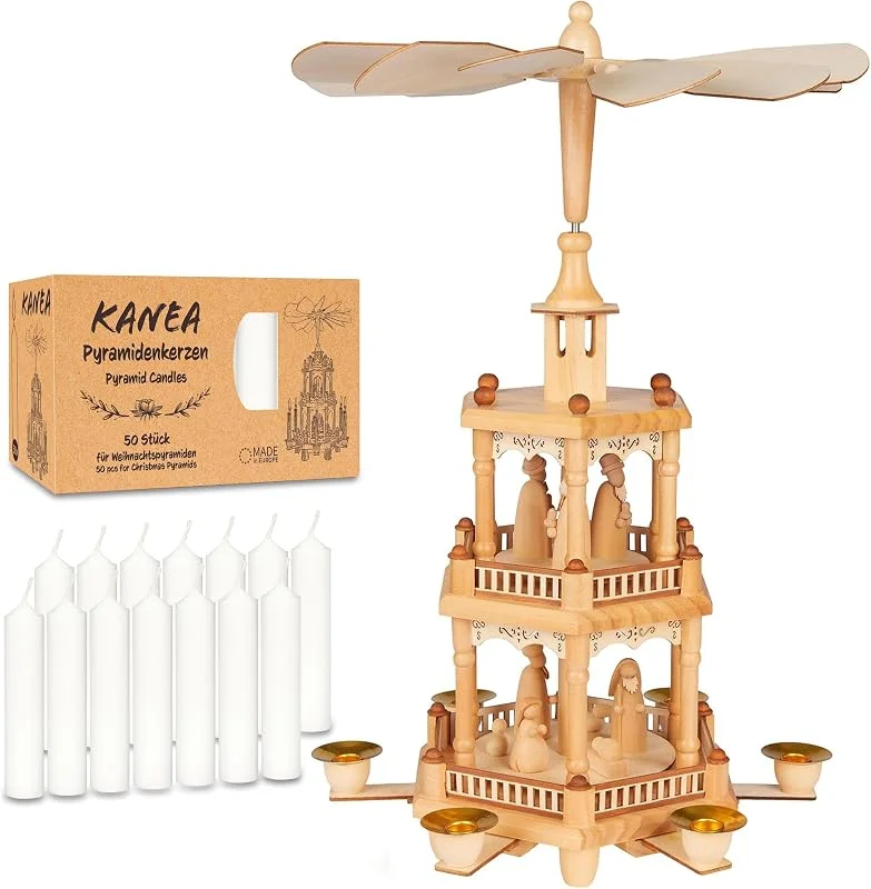 Besuche den BRUBAKER-Store BRUBAKER Weihnachtspyramide inkl. 50er Pack Pyramidenkerzen Weiß - 3-stöckige Holzpyramide mit Holz Figuren - 44 cm Pyramide Weihnachten - Drehbare Tischpyramide - Natur — Weihnachtsdeko