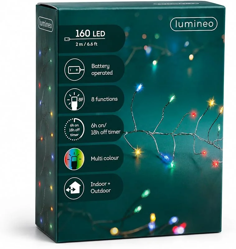 Marke: Lumineo Lumineo LED Draht Lichterkette 2m Batterie 160 Micro-LEDs Bunt, Silber — Weihnachtsbeleuchtung