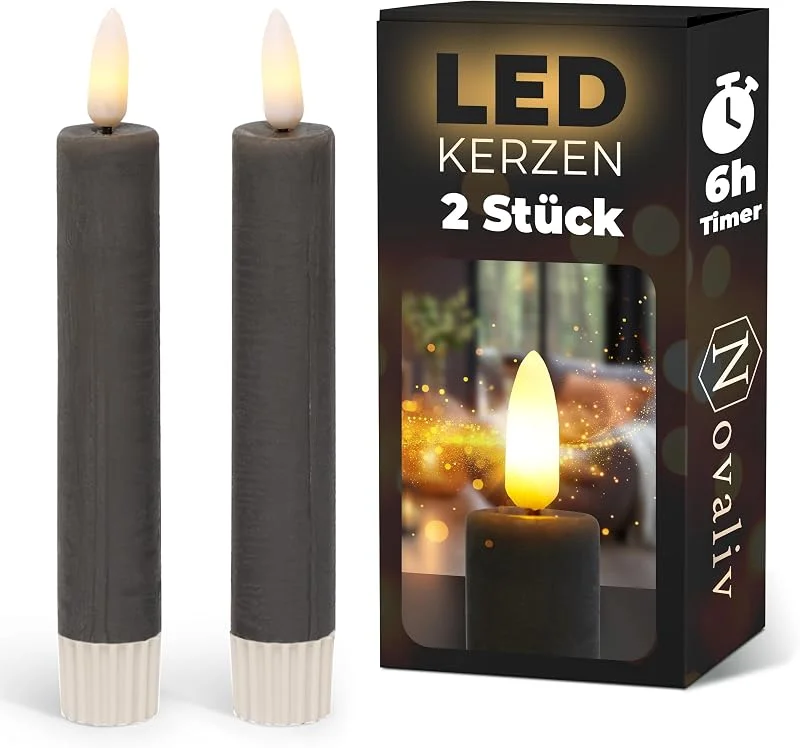Besuche den Novaliv-Store Stabkerzen LED mit Timer GRAU 2er indoor mit Timer Funktion 6 Stunden ECHTWACHS 15cm Höhe für Kerzen 2, 2cm Durchmesser 2 AAA Batterien notwendig LED Stabkerzen flackernde Flamme bewegliche Flamme — Kerzenlicht Abendessen
