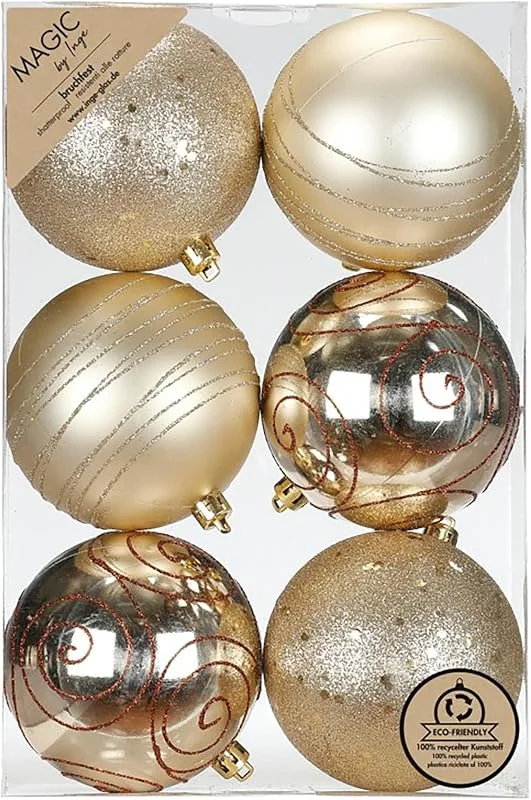 Besuche den Inge-glas-Store Inge-glas Weihnachtskugeln Kunststoff 8cm 6er Set - bruchsicher & mit Glitzer Muster - Große Christbaumkugeln für Weihnachtsbaum - Weihnachtsbaumkugeln & Christbaumschmuck Champagner - Creamy Gold — Weihnachtsdeko