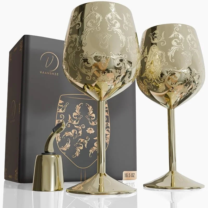 Marke: vaanshie 481.9 g Edelstahl Weingläser [2er Set] - Gold Royal Kelche mit Barock Gravur, Unzerbrechliche Weinbecher mit Flaschenverschluss - Ideal als Muttertagsgeschenk — Wein und Festtafel