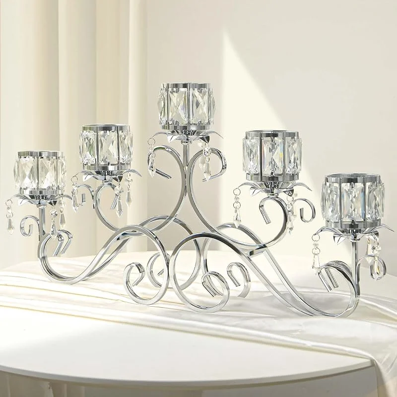 Marke: kolnlala Große Kristallschale, Teelichthalter, schöner Kristall-Votivkerzenhalter, 5 Arme, Metall-Kerzenlabra-Dekorationen für Tischdekoration, Hochzeit, Party, Zuhause, Gastgeschenke (Silber, 5 Arme) — Kerzenlicht Abendessen