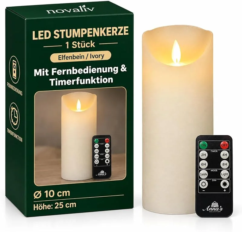 Besuche den Novaliv-Store Novaliv Große LED Stumpenkerze Elfenbein Ivory ø 10cm x 25cm Höhe - 2 C Batterien nötig LED Kerze mit Flackereffekt und Timer flammenlose Stumpenkerze - LED Kerze groß Weihnachtsbeleuchtung — Advent und Tisch
