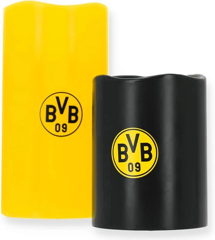 Besuche den Borussia Dortmund-Store BVB LED-Echtwachskerzen, 2er Set, 15 cm & 10 cm, Schwarz-Gelb mit BVB-Logo, Batteriebetrieben — Kerzenlicht Abendessen