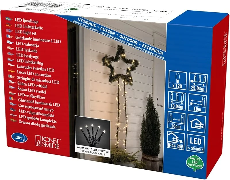 Besuche den Konstsmide-Store Konstsmide Micro LED Lichterkette, gefrostet, 120 warm weiße Dioden, 30V Außentrafo, schwarzes Kabel - 3812-100 — Weihnachtsbeleuchtung