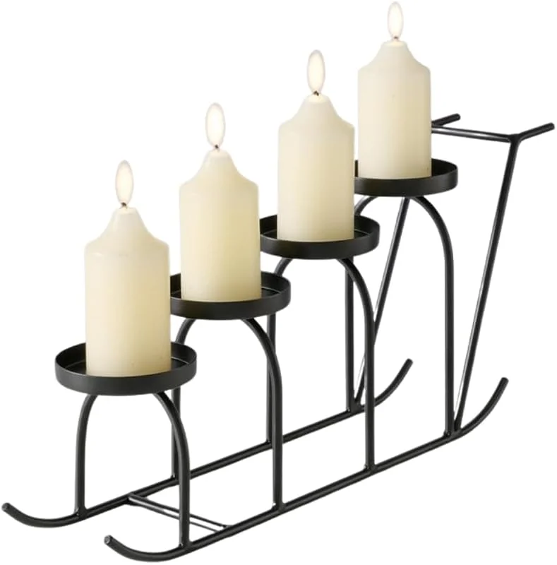 Besuche den TOPANBIETER 999-Store Kerzenhalter Schlitten L45, 5 cm - Kerzenständer aus Metall - schwarz - Kerzen Halter für 4 Stumpenkerzen - handgefertigt- Adventskranz in Schlittenform — Kerzenlicht Abendessen
