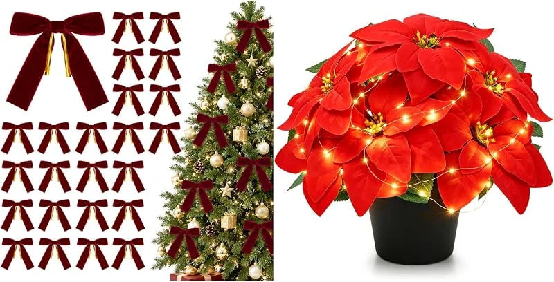 Besuche den Der Rose-Store Der Rose Bundle aus Weihnachtsstern Künstlich mit LED, 9 Blüten Rot-Samt, 35, 5cm und 24 Rote Schleifen Weihnachtsbaum aus Bordeaux-Samt, 12, 7 x 17, 8 cm — Weihnachtsdeko