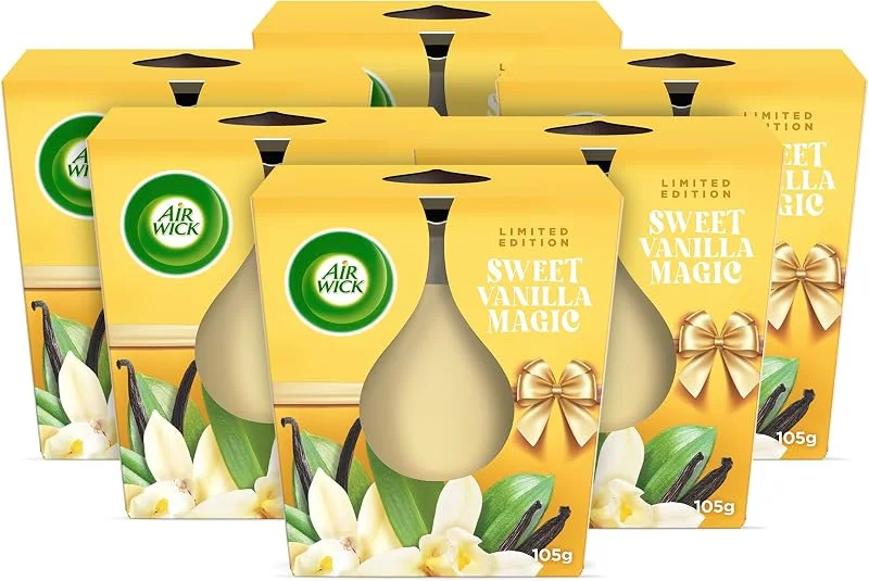 Besuche den Air Wick-Store Air Wick Wohlfühl-Duftkerze im Glas – Duft: Sweet Vanilla Magic – Je bis zu 20 Stunden Brenndauer – Enthält natürliche ätherische Öle – 6 x 105 g Duftkerzenset — Kerzenlicht Abendessen