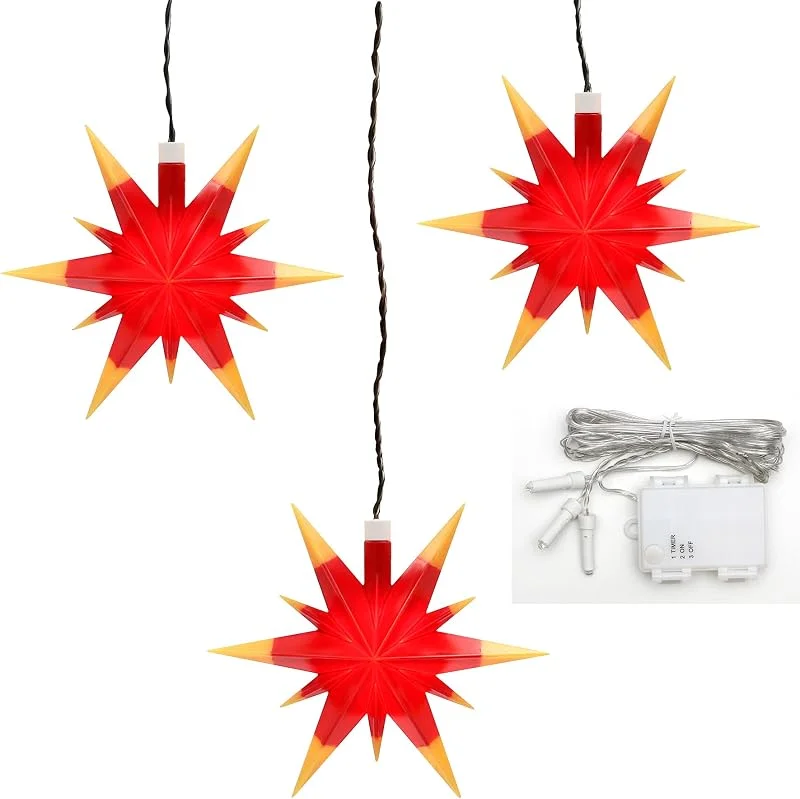 Besuche den Dekohelden24-Store ***3er Set Weihnachtssterne aus Kunststoff in rot, gelb, inkl. LED Beleuchtung und 6h Timer, für Batteriebetrieb, für Innen und Außen geeignet. Maße je Stern L, B, H: 13, 5 x 5, 5 x 12 cm. — Weihnachtsdeko