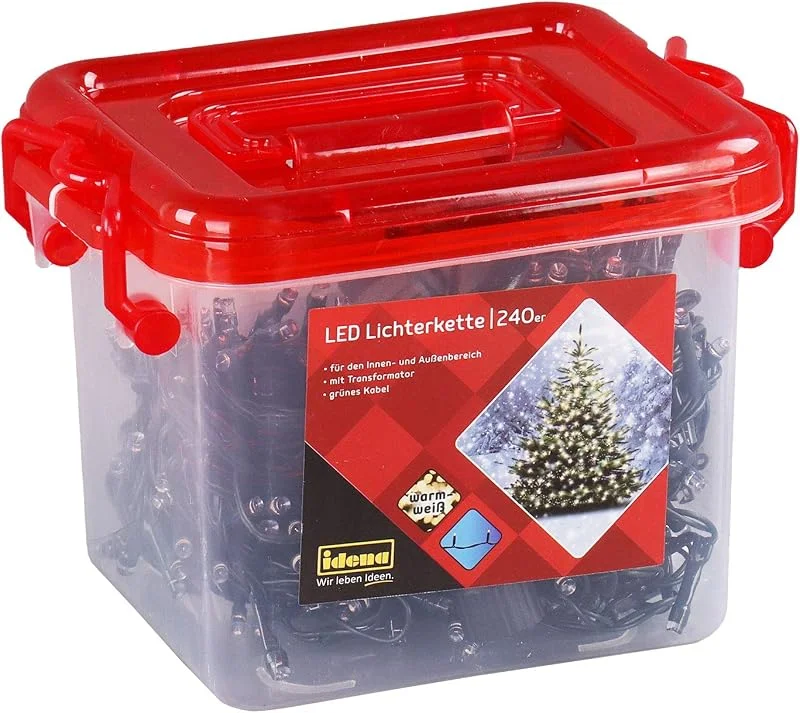 Besuche den Idena-Store Idena 31816 - LED Lichterkette mit 240 LEDs in Warmweiß, mit transparenter Kunststoffbox & Transformator, ca. 21 m lang, Deko für Innen & Außen, zum Basteln, Party Deko, Weihnachtsdeko, Hochzeit — Weihnachtsbeleuchtung