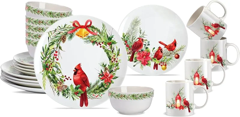Marke: Zhehao Zhehao Weihnachtliches Kardinal-Geschirr-Set, Winter-Medley, Keramik, Geschirr, Dessertteller, festliche Kollektion, Teller, Keramikschale, Tasse für Urlaub, Dinner-Party, Service für 4 Personen, 16 — Advent und Tisch