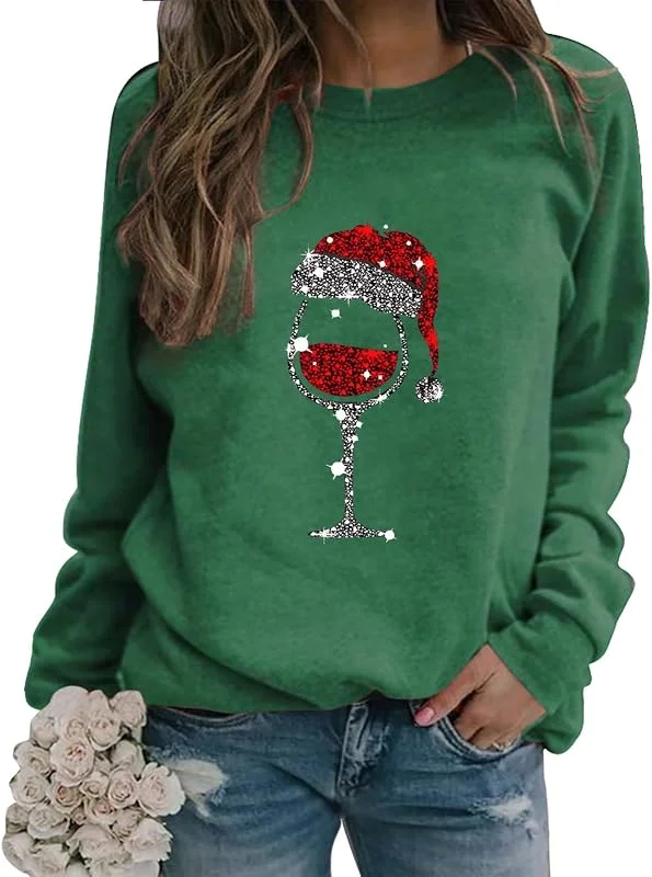 Marke: Qixiu Weihnachten Weihnachtspullover Weinglas Weihnachtsmann Druck Damen Winteroberteile Rundhalsausschnitt lässig langärmelig Herbst Christmas Sweatshirt Herbstoberteile — Weihnachtsmode