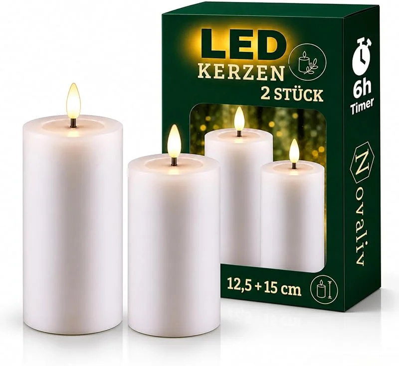 Besuche den Novaliv-Store Novaliv 2er Set Led Kerzen flackernde Flamme mit Echtwachspiegel weiß 7, 5cm ø 1x 15 cm, 1x12, 5 cm Höhe, LED Kerzen mit Timerfunktion, 2 AA Batterien nötig, LED Echtwachs Stumpenkerzen warmweiß — Kerzenlicht Abendessen