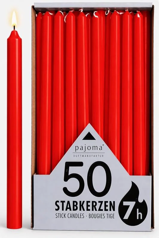 Besuche den pajoma-Store pajoma® Stabkerzen Rot - 50 Stück, Höhe 25 cm, Ø 2 cm, Brenndauer ca. 7 Std., Vielseitig als Tisch-, Deko-, Weihnachtskerze & für Gastro-Events — Kerzenlicht Abendessen