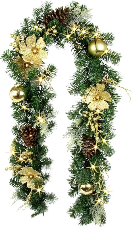 Besuche den Flair Flower-Store Tannengirlande mit LED-Lichterkette Magnolien Zapfen Tannenbaum-Kugeln Beeren Tanne Künstliche Deko Girlande Kette Tannen-Girlande Weihnachtsgirlande Weihnachtsdeko Deko X'Mas