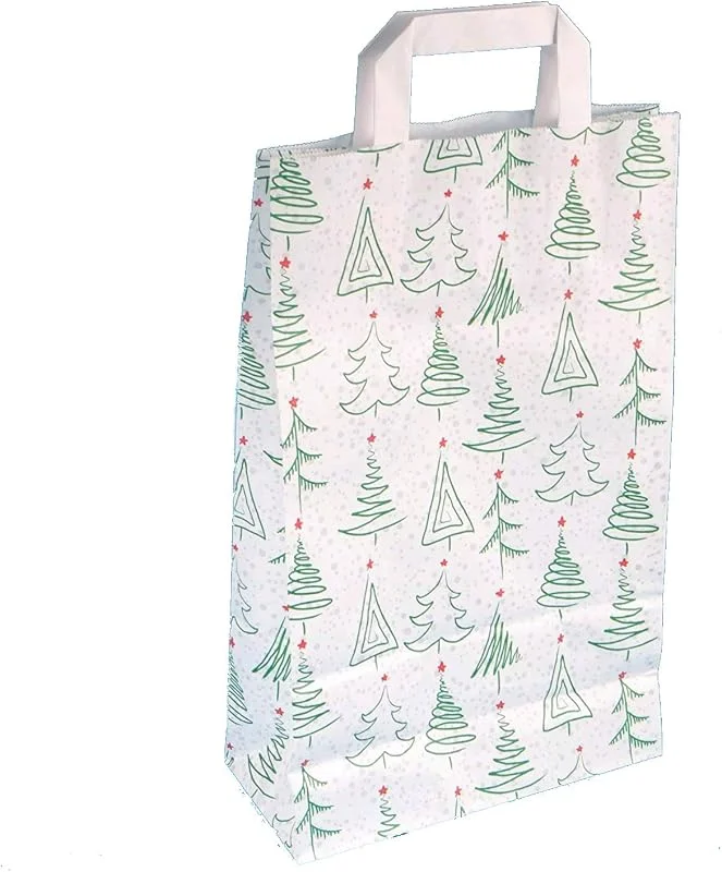 Marke: Pro DP Papiertragetaschen Weihnachtstragetaschen Papiertüten Weihnachten Weihnachtsmotiv Weihnachtsbäumchen grün rot mit Flachhenkel weiß 70 g, qm (22 +10 x 36 cm, 250 Stück) — Geschenkverpackung