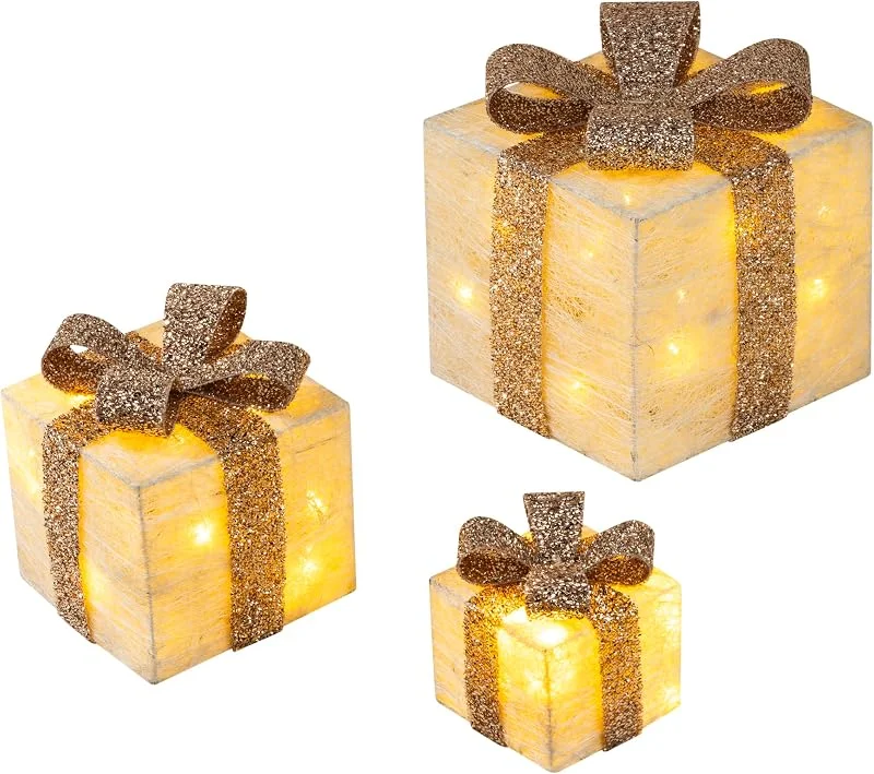 Besuche den Bambelaa!-Store Bambelaa! 3er Led Deko Geschenke Leucht Boxen Timer Weihnachts Dekoration Weihnachtsdeko Beleuchtet Deko Weihnachten (Gold) — Weihnachtsbeleuchtung