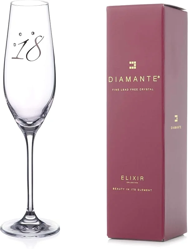 Marke: DIAMANTE DIAMANTE - Swarovski Champagnerglas „18. Geburtstag“ - In Geschenkverpackung – Champagnerglas aus einzelnem Kristall mit Platin-18-Prägung und Swarovski-Kristallen – in Geschenkverpackung — Wein und Festtafel