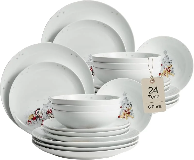Besuche den Fyrklövern-Store Fyrklövern Disney Winter Geschirr-Set 24-teilig – Speiseservice für 8 Personen inkl. Essteller 27cm, Kuchenteller 22cm & Schalen 18cm – Offiziell Lizenziert – Porzellan Kombiservice — Advent und Tisch