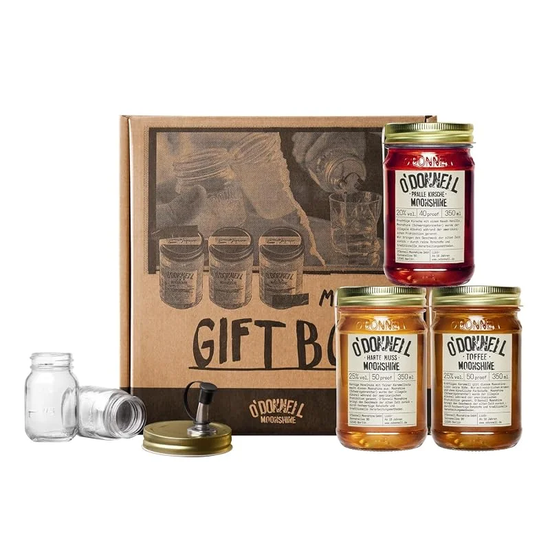 Besuche den O'Donnell Moonshine-Store O'Donnell Moonshine Likör Geschenkset Made in Berlin – 3x Premium Likör Toffee, Kirsche & Haselnusslikör (350ml) + 2x Mason Jar Whiskey Gläser + Ausgießer (Geschenk für Männer) in Geschenkbox — Wein und Festtafel