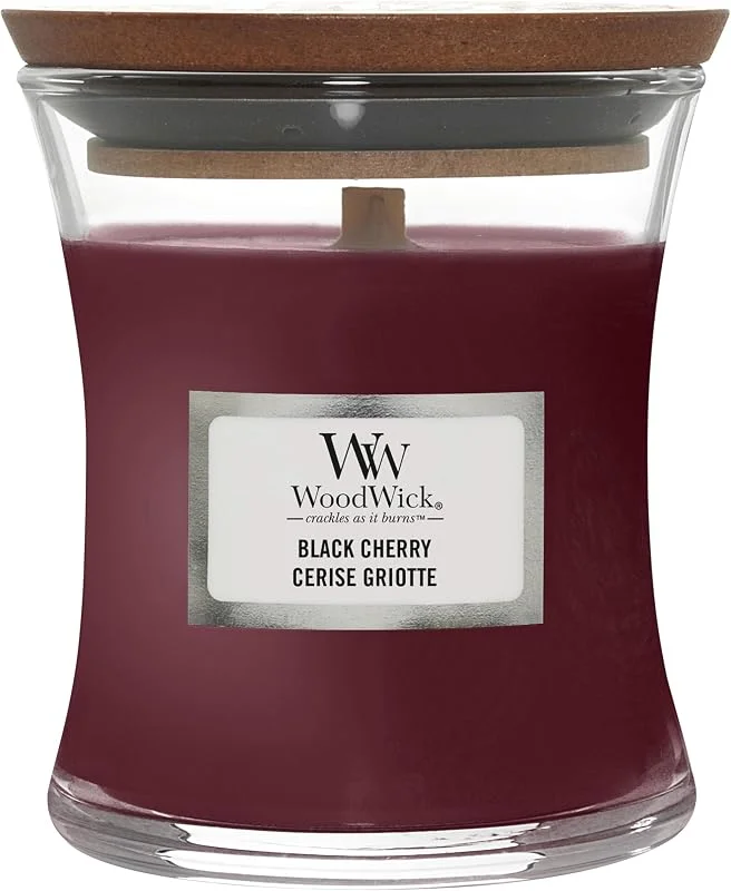 Besuche den WoodWick-Store WoodWick Mittelgroße Duftkerze im Sanduhrglas mit knisterndem Docht, Black Cherry, Brenndauer bis zu 20 Stunden — Kerzenlicht Abendessen