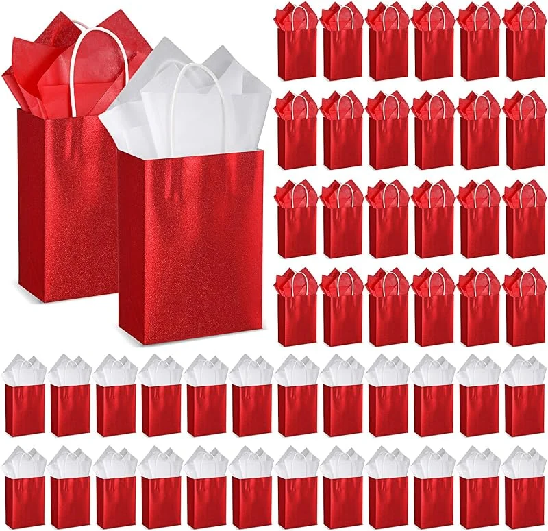 Marke: Colarr Colarr 50 Stück glitzernde Weihnachts-Geschenktüten mit Seidenpapier, 21, 6 x 15, 9 cm, Kraftpapier, Geschenktüten mit Griff, für Hochzeit, Braut, Babyparty, Geburtstag, Urlaub, Party (rot) — Geschenkverpackung