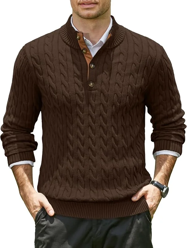 Besuche den COOFANDY-Store COOFNDY Herren-Pullover mit Zopfmuster, lässig, langärmelig, Stehkragen, Knopfleiste, Strickpullover — Weihnachtsmode