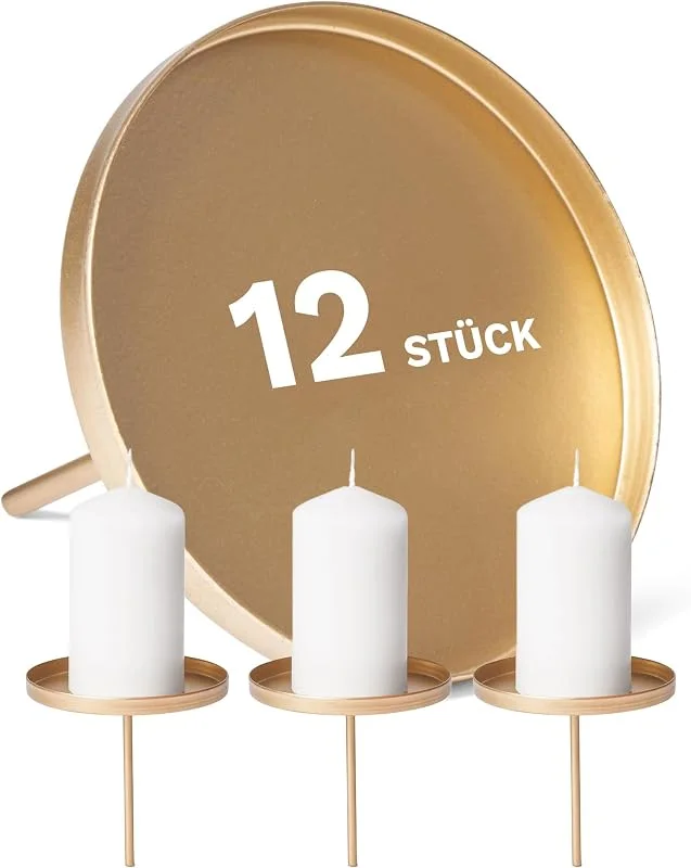Besuche den Novaliv-Store Novaliv 12X Kerzenpick Flach Gold 10cm Durchmesser I Kerzenteller mit Dorn Metall I Adventskerzenhalter Weihnachtsdekoration Kerzenpin I Kerzenstecker für Adventskranz — Advent und Tisch