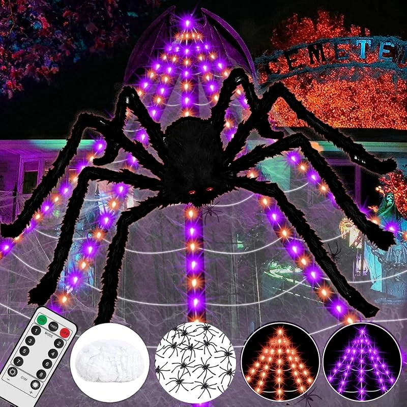 Besuche den Sadodo-Store Sadodo Halloween Spinnennetz Lichter Outdoor Deko, 250 LED 5x5m Fernbedienung Spinnennetz +200cm Riesen Spinne +20 Kleine Spinne +40g Spinnenweben Halloween Party Draußen Garten Gruselig Dekoration — Weihnachtsbeleuchtung