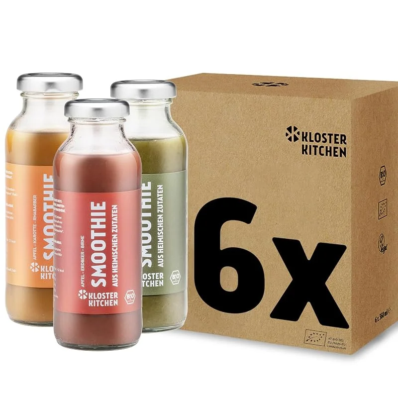Besuche den Kloster Kitchen-Store Kloster Kitchen Bio Smoothie Mix 6x 250 ml 3 Sorten I Set Rot Orange Grün vegan, Superfood Frühstück I To Go Glasflasche I Powerfood aus heimischen Zutaten - Erdbeer Karotte Gurke — Advent und Tisch